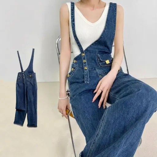 骨格ウェーブ アシンメトリー ハイウエスト デニムサロペット